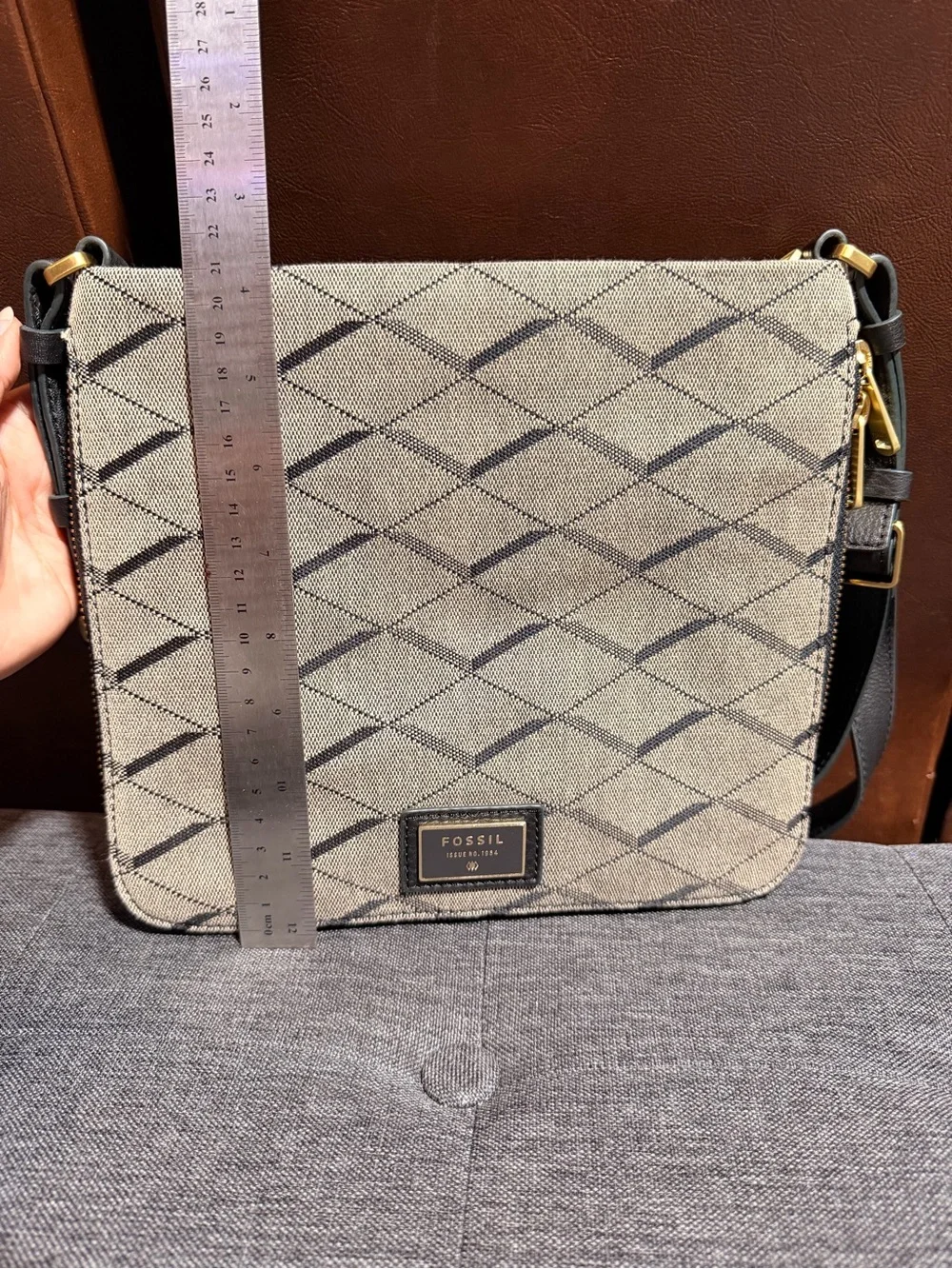 Fossil Preston Expandable Crossbody Bag Grey Black Diamond Jacquard Leather